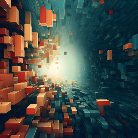 An abstract digital artwork depicting a tunnel of colorful cubes. The perspective creates a sense of...
