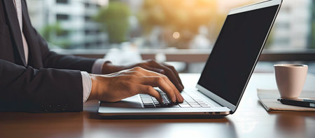 Close-up of a businessman typing on a laptop in his office.