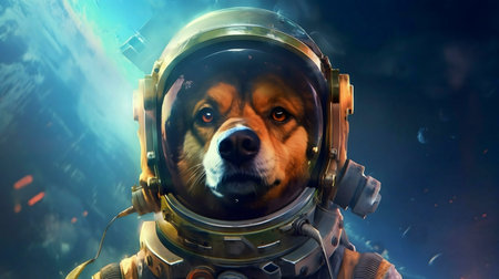 A courageous dog in a spacesuit, ready for a cosmic adventure.の写真素材