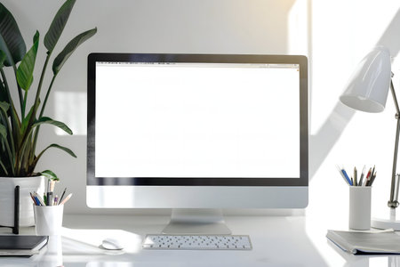 A clean, bright workspace featuring a modern computer with a blank screen. Sunlight streams in, illuminating a minimalist setup. Symbolizing productivity and creativity.の写真素材