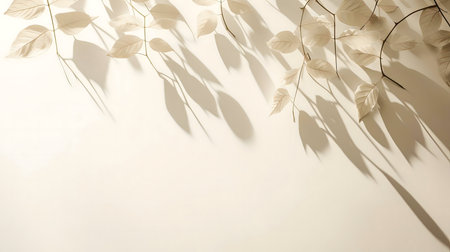 Beautiful beige leaves and their shadows on a cream background. Minimalist botanical photography.の写真素材