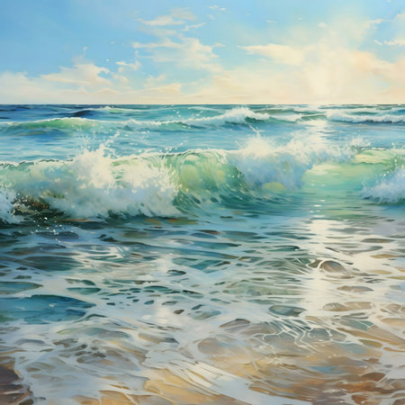 A vivid painting of ocean waves crashing on the beach at sunrise. Beautiful, serene, and tranquil.の写真素材
