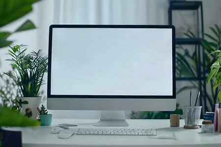 A modern home office setup featuring a blank computer screen, keyboard, mouse, and potted plants. Clean, minimal aesthetic.の写真素材