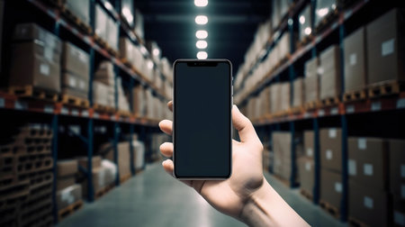 Close up of female hands holding smartphone with blank screen in warehouse. Mock upの写真素材