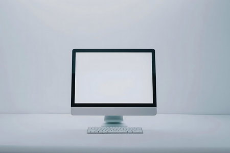 Computer with blank white screen on the table. 3d rendering.の写真素材