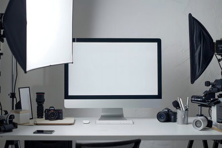 Clean, modern photography and videography studio setup. A blank computer screen is central, surrounded by cameras and lighting equipment.の写真素材
