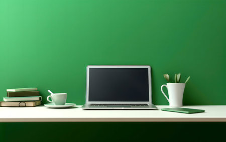 Laptop with blank screen and coffee cup on white shelf on green wall backgroundの写真素材