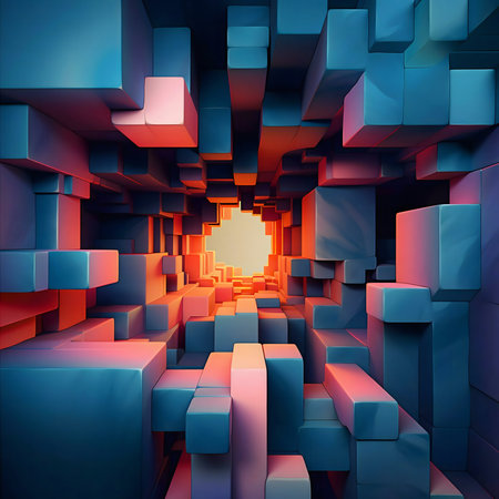 A vibrant abstract tunnel made of colorful cubes. A digital artwork showcasing 3D geometry.の写真素材