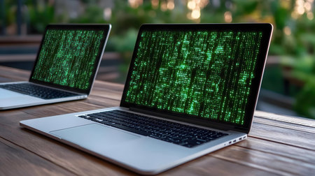 Two laptops displaying the iconic green matrix code outdoors on a wooden table.