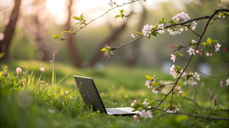 Laptop rests in a blooming spring garden. Peaceful scene.の写真素材