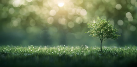 A young tree stands in a sunlit meadow, dew drops on grass.