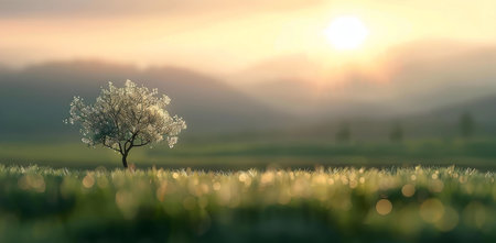 A single tree stands in a sunlit field at sunrise. The scene is peaceful and serene.の写真素材