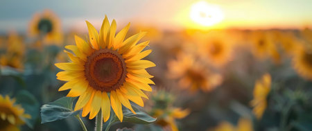 Sunflowers bathed in the warm glow of sunset. A serene and joyful scene.の写真素材