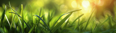 Close-up of vibrant green grass illuminated by sunlight. Serene and peaceful.の写真素材