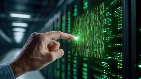 A hand interacts with glowing data streams on a server, depicting digital technology.