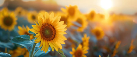 Sunflowers at sunset, vibrant yellow petals glowing in golden light. Summer field sceneの写真素材