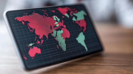 A tablet displays a world map with data visualization, showcasing global trends.の写真素材