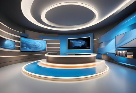 A sleek modern television studio set with blue and gray walls, curved designs, and multiple screens.