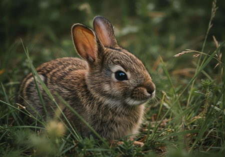 A captivating close-up of a wild rabbit nestled in vibrant green grass.