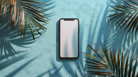 A modern phone mockup on turquoise background with palm leaves and shadows.