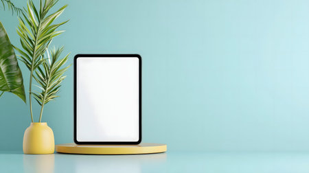 Clean, modern mockup of a tablet on a minimalist background with plants.の写真素材