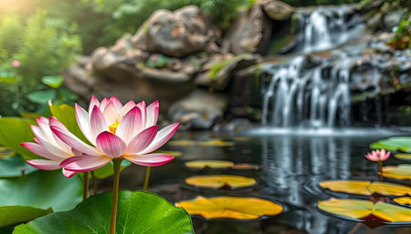Pink lotus flower blossoms near a tranquil waterfall. Peaceful nature scene.の写真素材