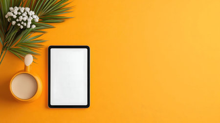 A summer-themed flatlay featuring a tablet, a cup of coffee, and a tropical leaf on a bright orange...