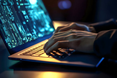 Close-up of hands typing on a laptop with code displayed on the screen. Cybersecurity threat.