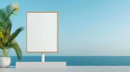 Minimalist mockup of a blank signboard near the ocean, showcasing a tranquil summer sceneの写真素材