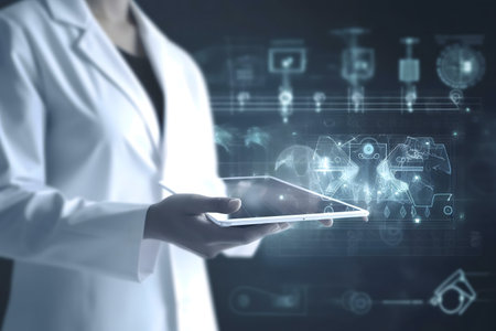 A scientist holds a tablet showcasing holographic 3D engineering designs. Future tech concept.の写真素材