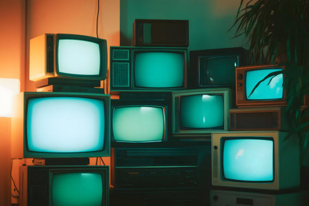 A stack of vintage televisions, showcasing a nostalgic collection of retro technology.の写真素材