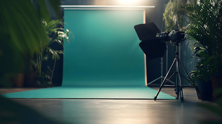 A professional photography studio is prepared with a teal backdrop, camera, and lighting equipment....