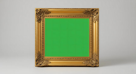 A square gold frame with intricate detailing and a vibrant green background. Perfect for display.