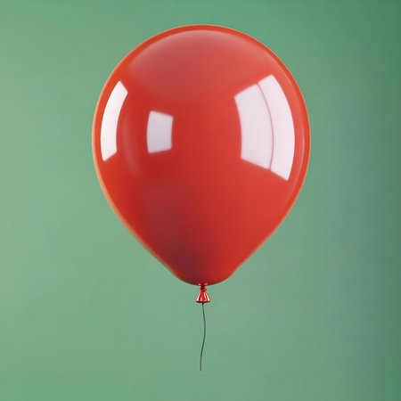 A vibrant red balloon floats against a calm green backdrop.の写真素材