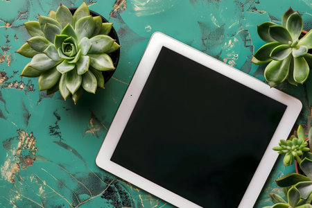 A white tablet rests among vibrant succulents on a teal surface.の写真素材
