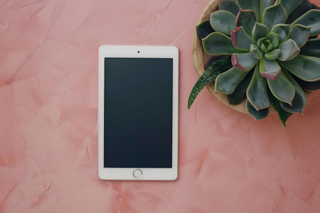 A white tablet and a succulent plant are placed on a pink background. Minimalist and aesthetic.の写真素材