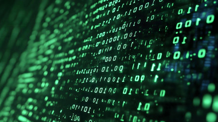 Abstract digital background with green binary code. Futuristic technology conceptの写真素材