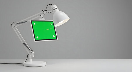 A white desk lamp with a tablet showing a green screen.の写真素材