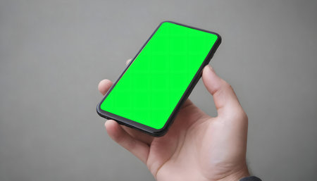 A hand holds a smartphone with a vibrant green screen. Perfect for app showcases.の写真素材