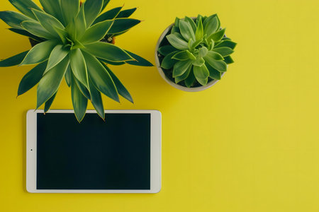 A stylish flatlay showcasing two succulents and a tablet on a vibrant yellow background.の写真素材