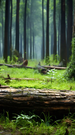 A tranquil forest scene, showcasing a mossy log and vibrant greenery.の写真素材