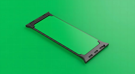 3D render of a smartphone with a green screen on a green background.