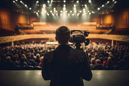 A cameraman films a live concert in a large auditorium. The audience is filled to capacity.の写真素材