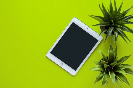 A white tablet rests among vibrant green succulents on a bright lime background. Tech and nature combine in this simple image.の写真素材