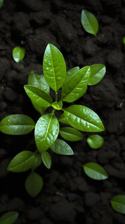 A young green plant sprouts from dark soil, showing new life and growth.の写真素材