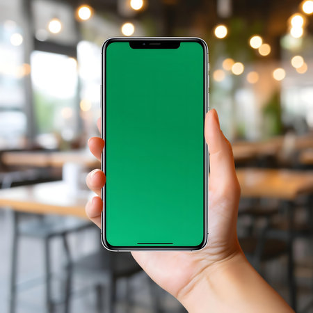 A hand holds a smartphone with a green screen in a blurred cafe setting.