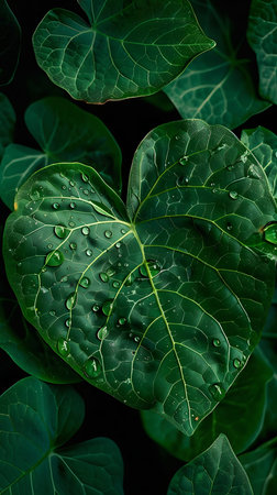 Close-up view of a heart shaped green leaf with water droplets.