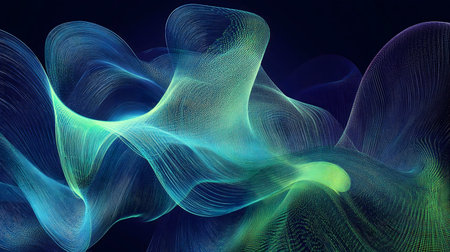 A mesmerizing abstract artwork featuring swirling lines of vibrant blue and green hues, creating a sense of cosmic movement and energy.の写真素材