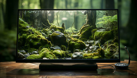 A high-definition screen showcases a captivating forest scene, lush with moss and rocks. The image evokes a feeling of tranquility and peace.の写真素材