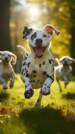 Three Dalmatian puppies joyfully run through autumn grass bathed in sunlight.の写真素材